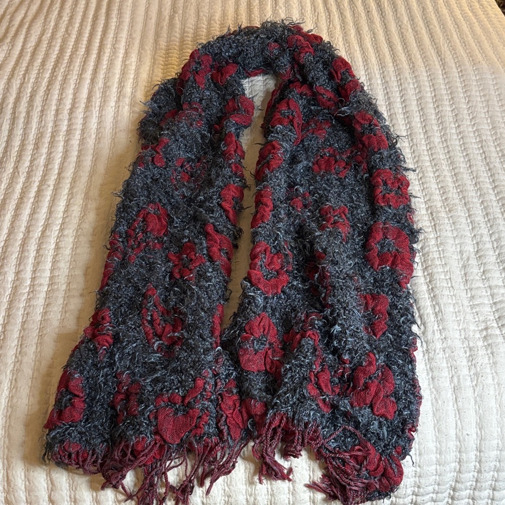 Elegant Red and Gray Floral Scarf